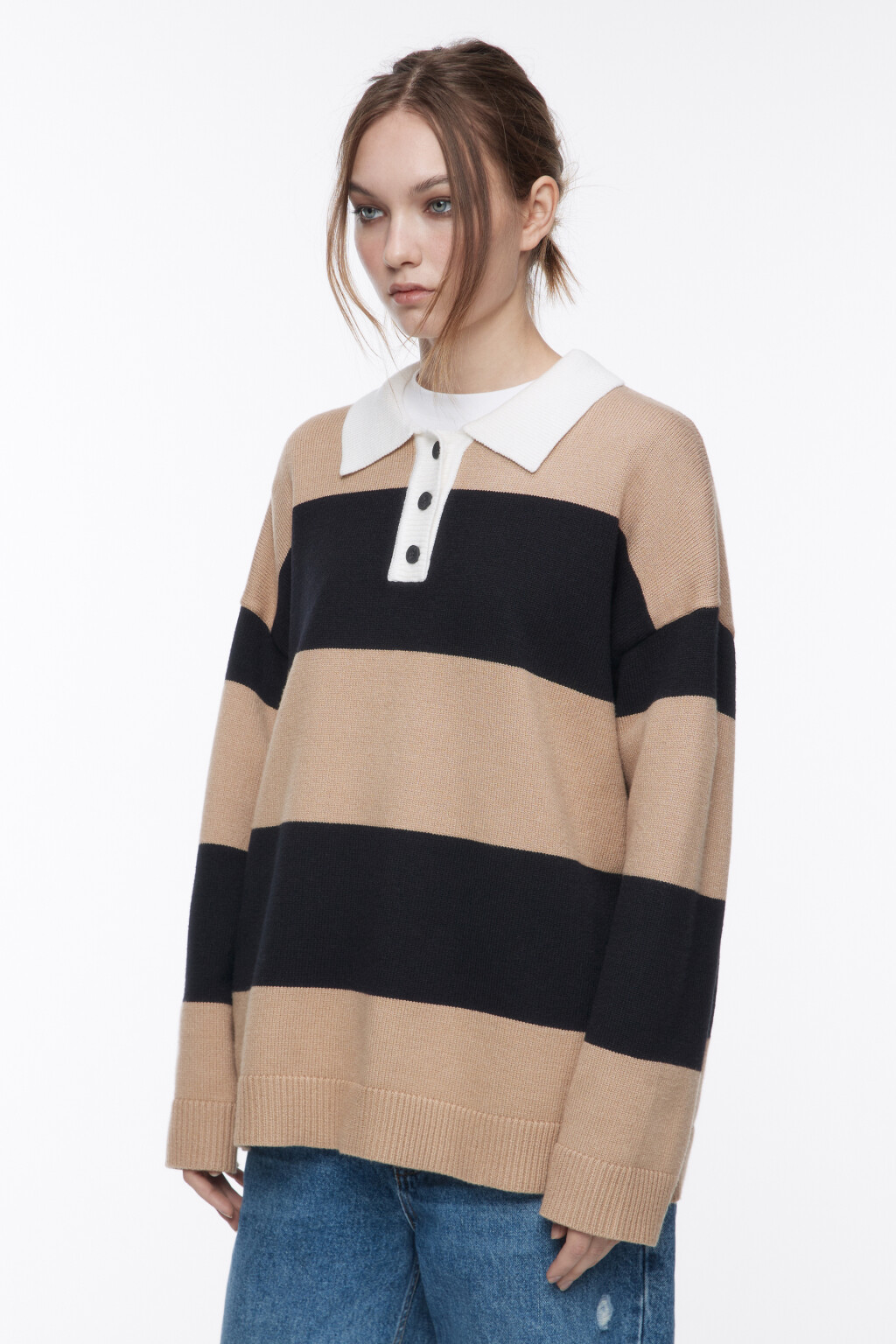 Джемпер-поло вязаный в полоску - цвет бежевый - 3