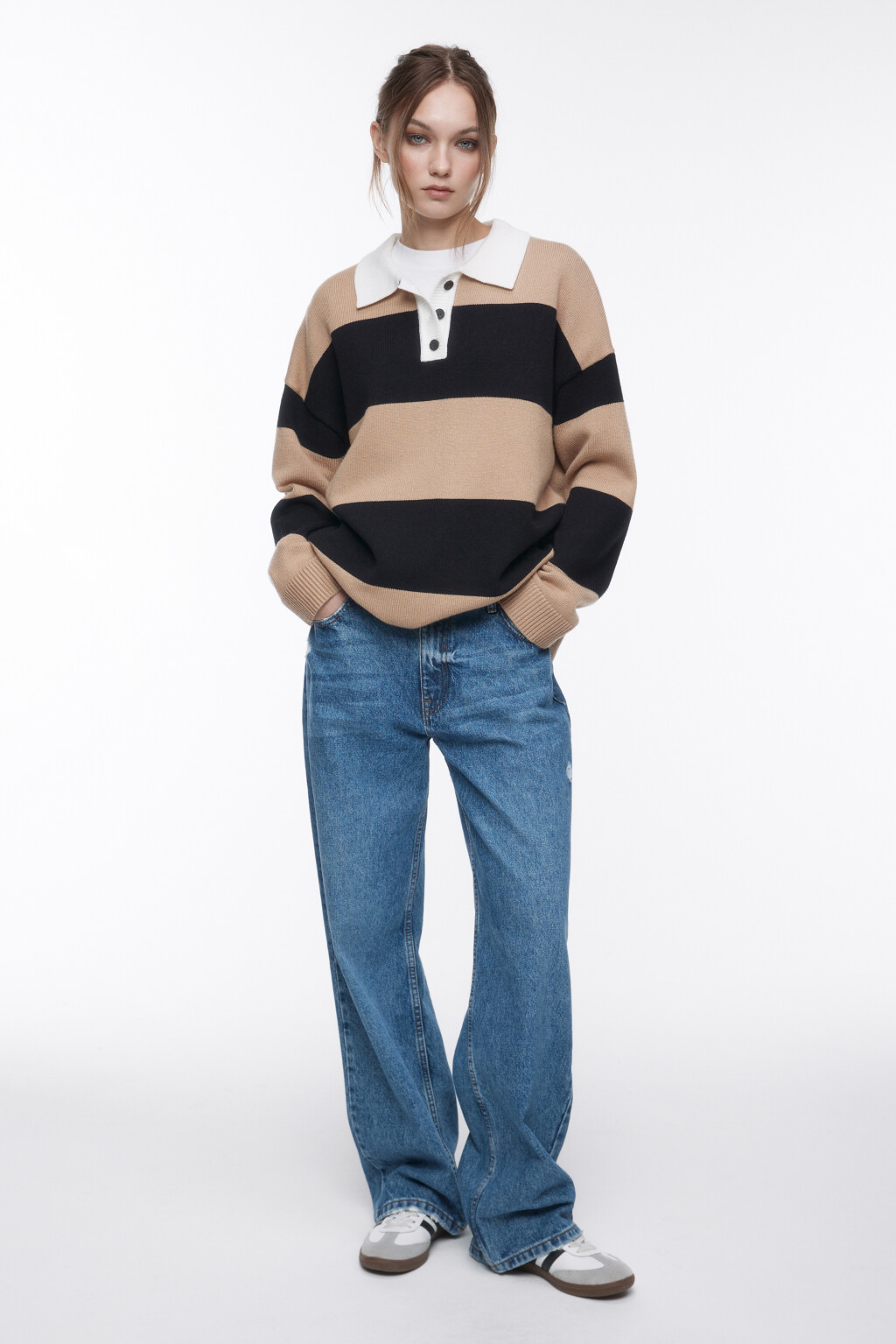 Джемпер-поло вязаный в полоску - цвет бежевый - 5