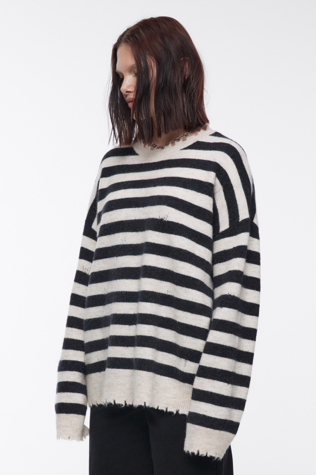 Джемпер вязаный рваный в полоску - цвет бежевый - 3