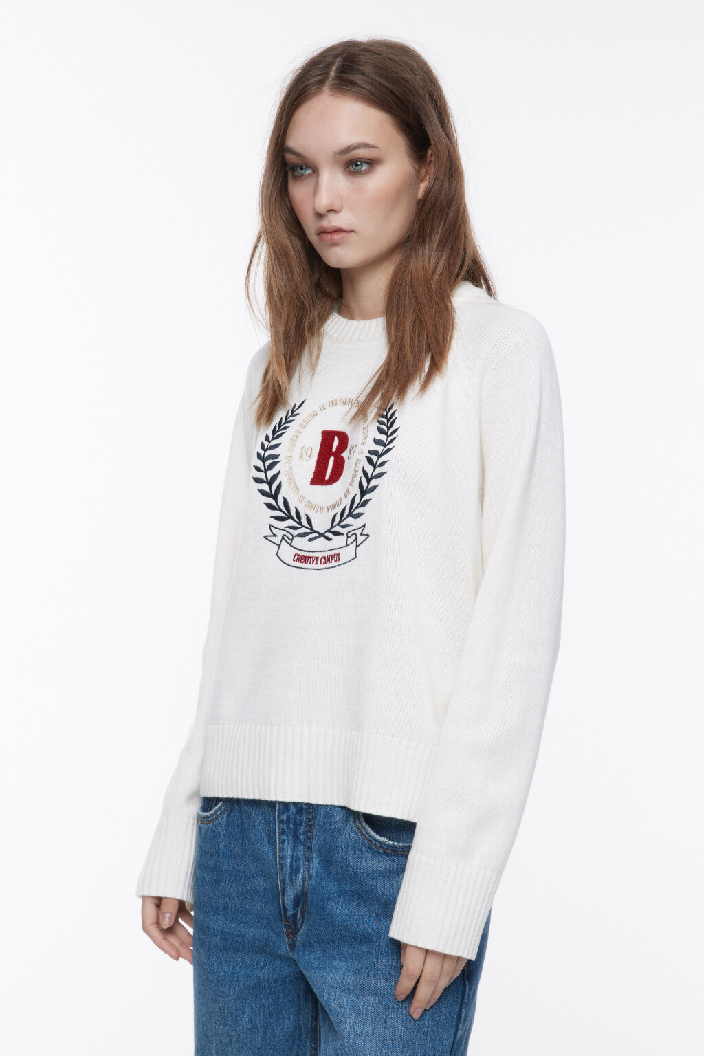 Свитер толстой вязки с принтом - цвет молочный - 4