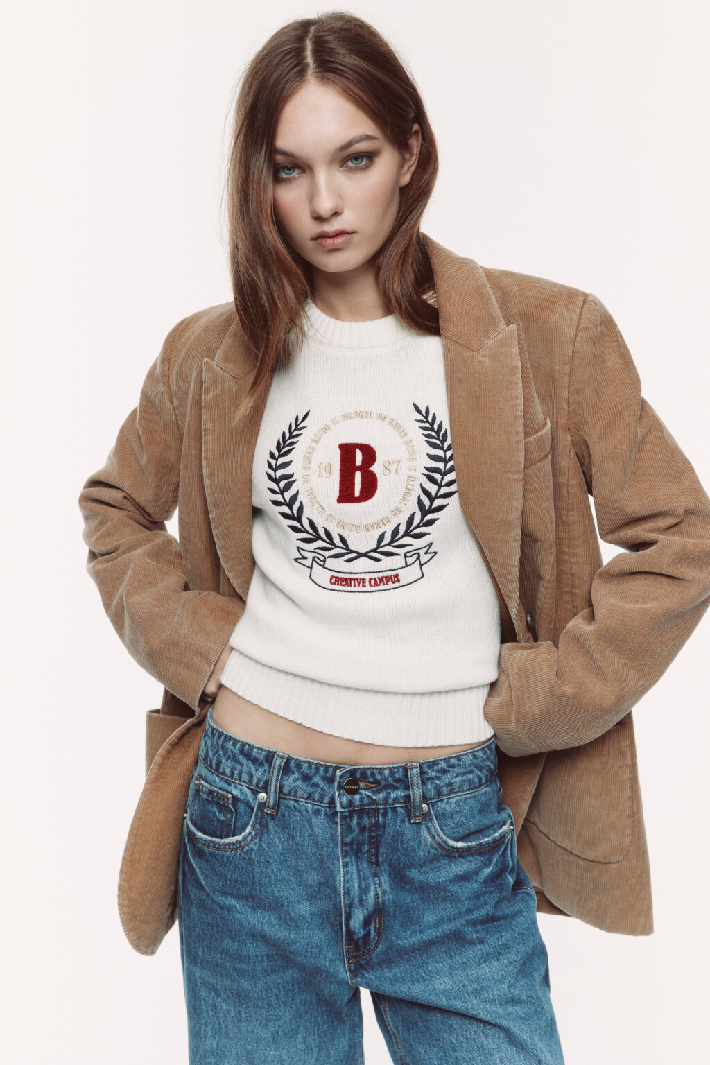 Свитер толстой вязки с принтом - цвет молочный - 1