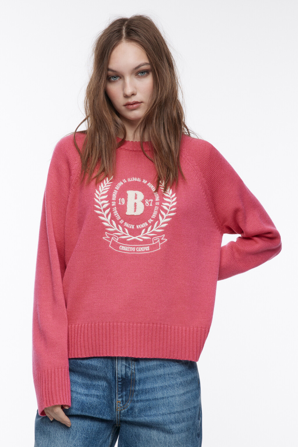 Свитер толстой вязки с принтом - цвет розовый - 2