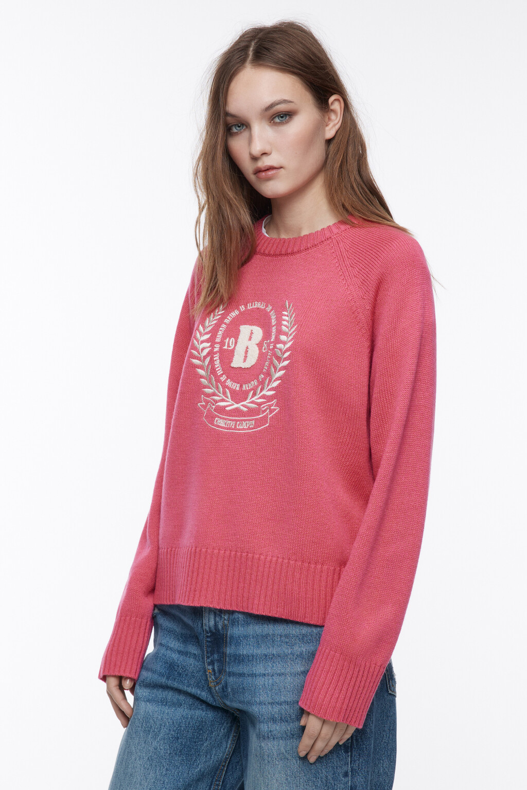 Свитер толстой вязки с принтом - цвет розовый - 3