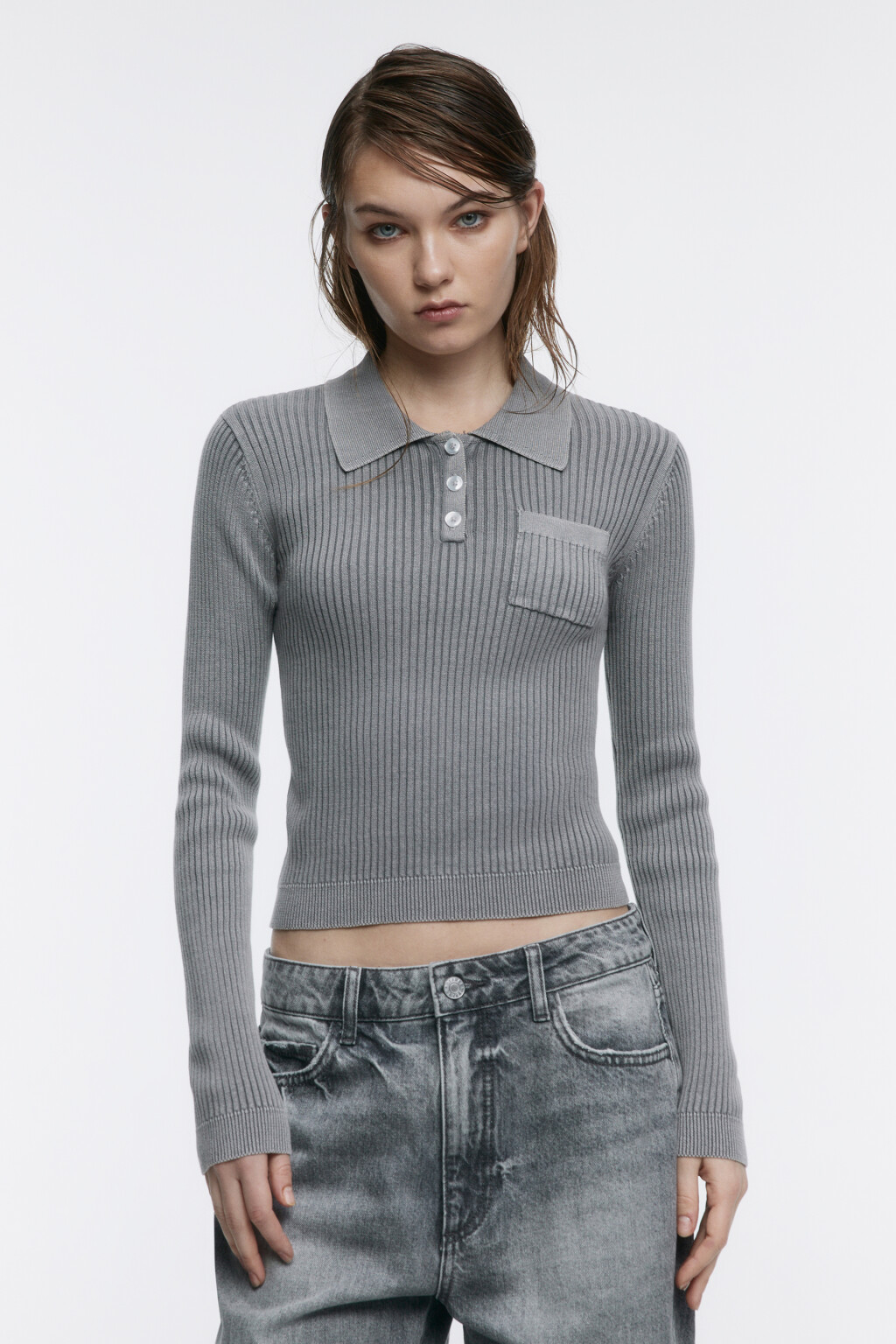 Джемпер облегающий с воротником-поло - цвет серый - 2