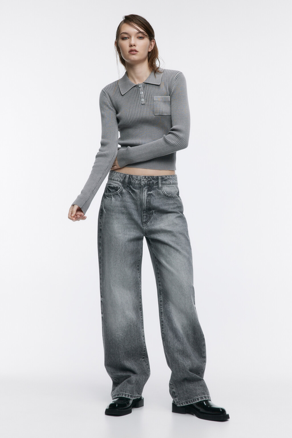 Джемпер облегающий с воротником-поло - цвет серый - 5