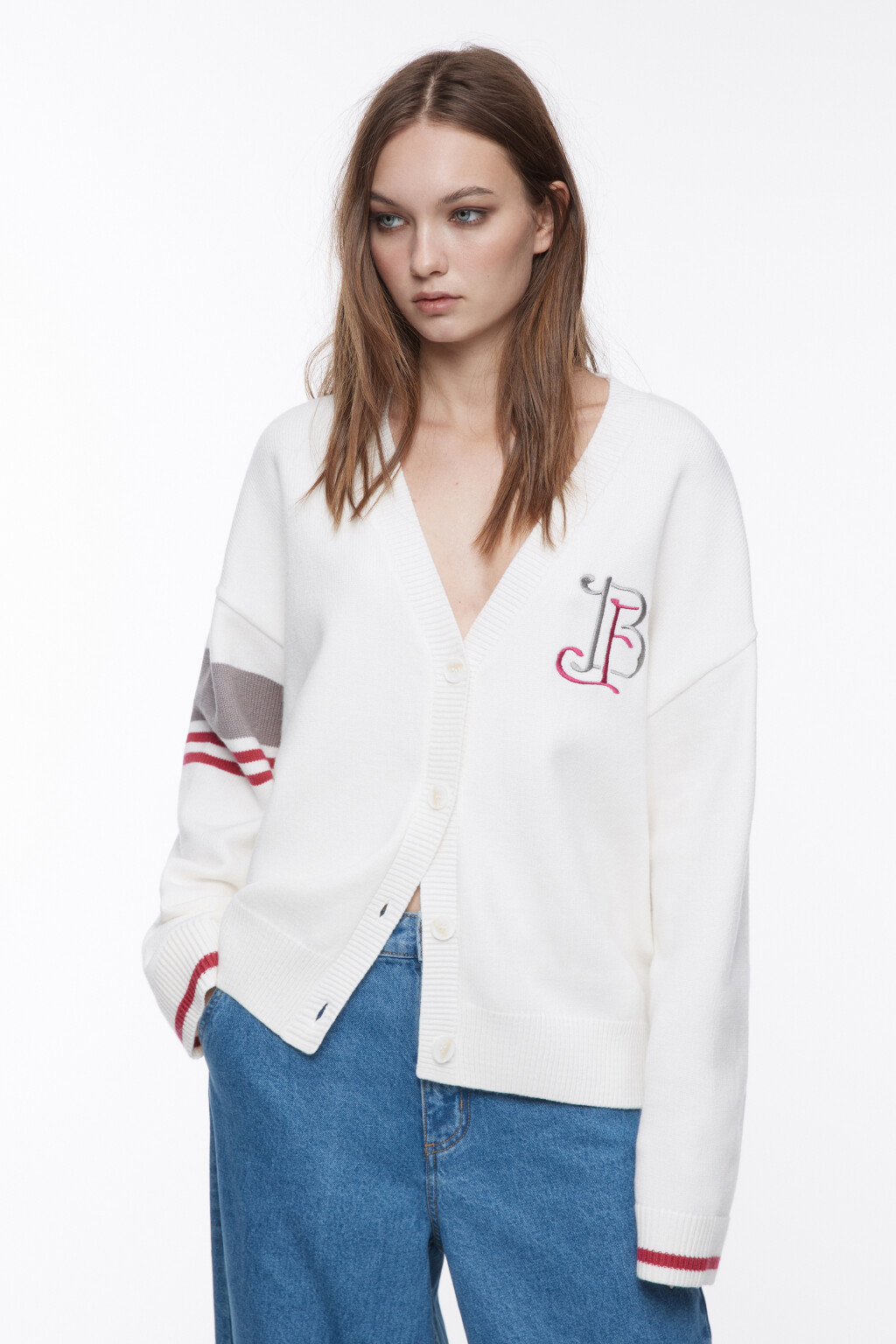 Кардиган вязаный с принтом и полосками - цвет бежевый - 2