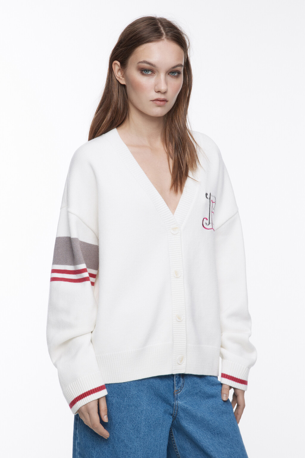 Кардиган вязаный с принтом и полосками - цвет бежевый - 3