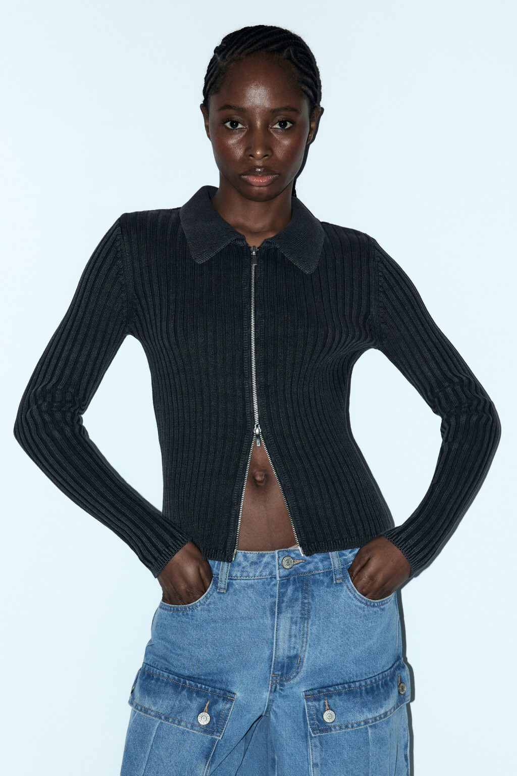 Кардиган на молнии с отложным воротником - цвет серый - 1