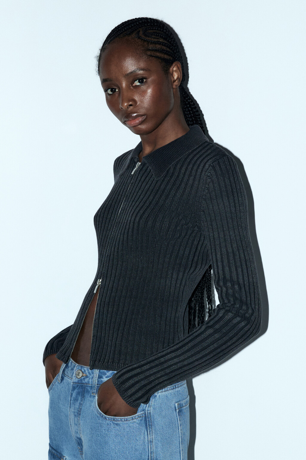 Кардиган на молнии с отложным воротником - цвет серый - 2