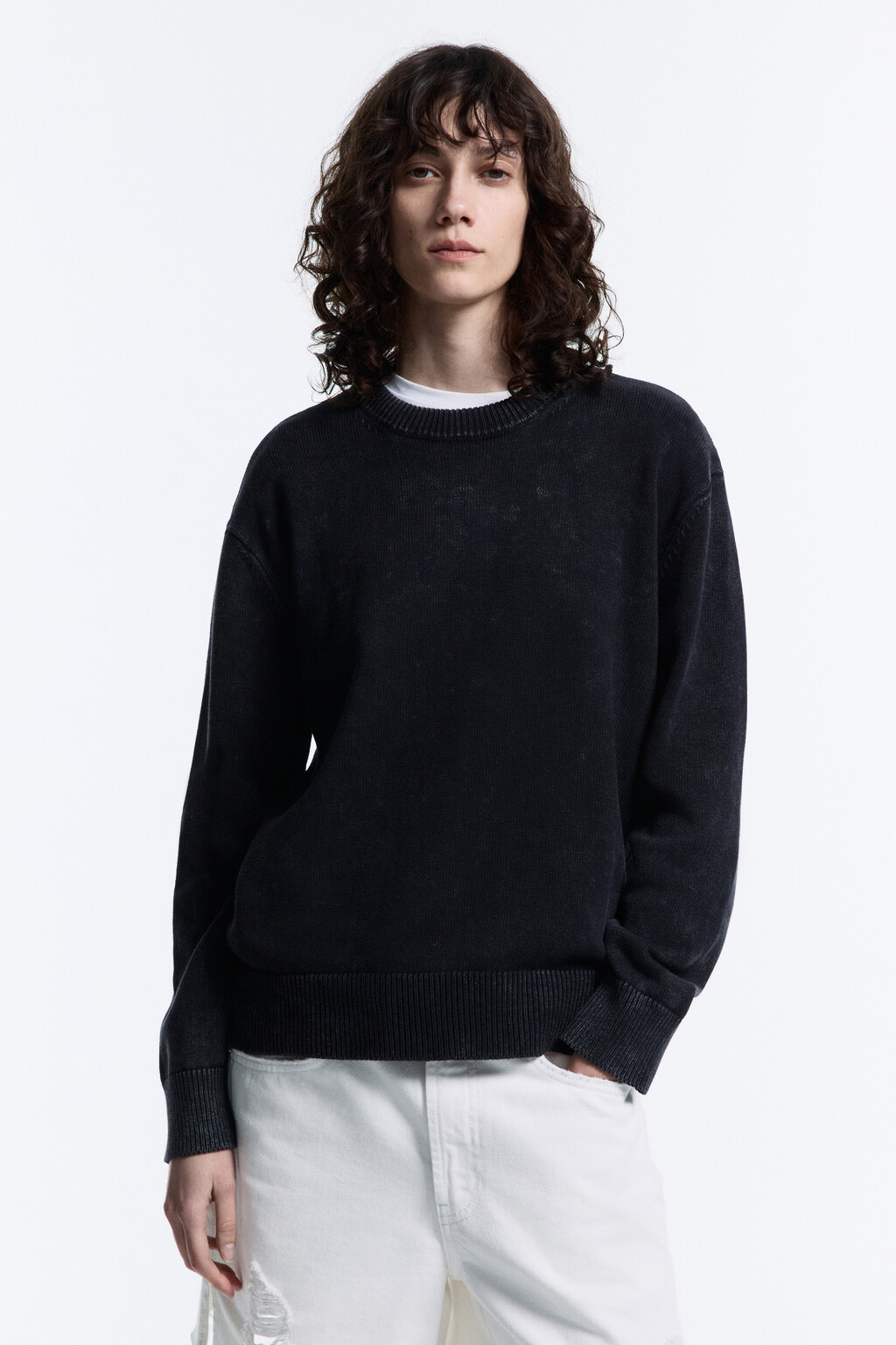 Джемпер свободный хлопковый толстой вязки - цвет черный - 2