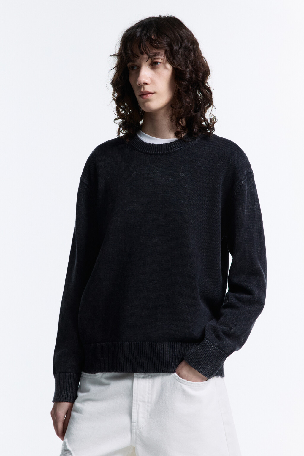 Джемпер свободный хлопковый толстой вязки - цвет черный - 3