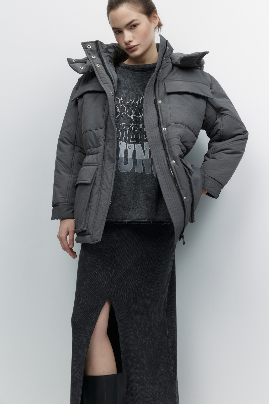Куртка-парка короткая с капюшоном - цвет серый - 1