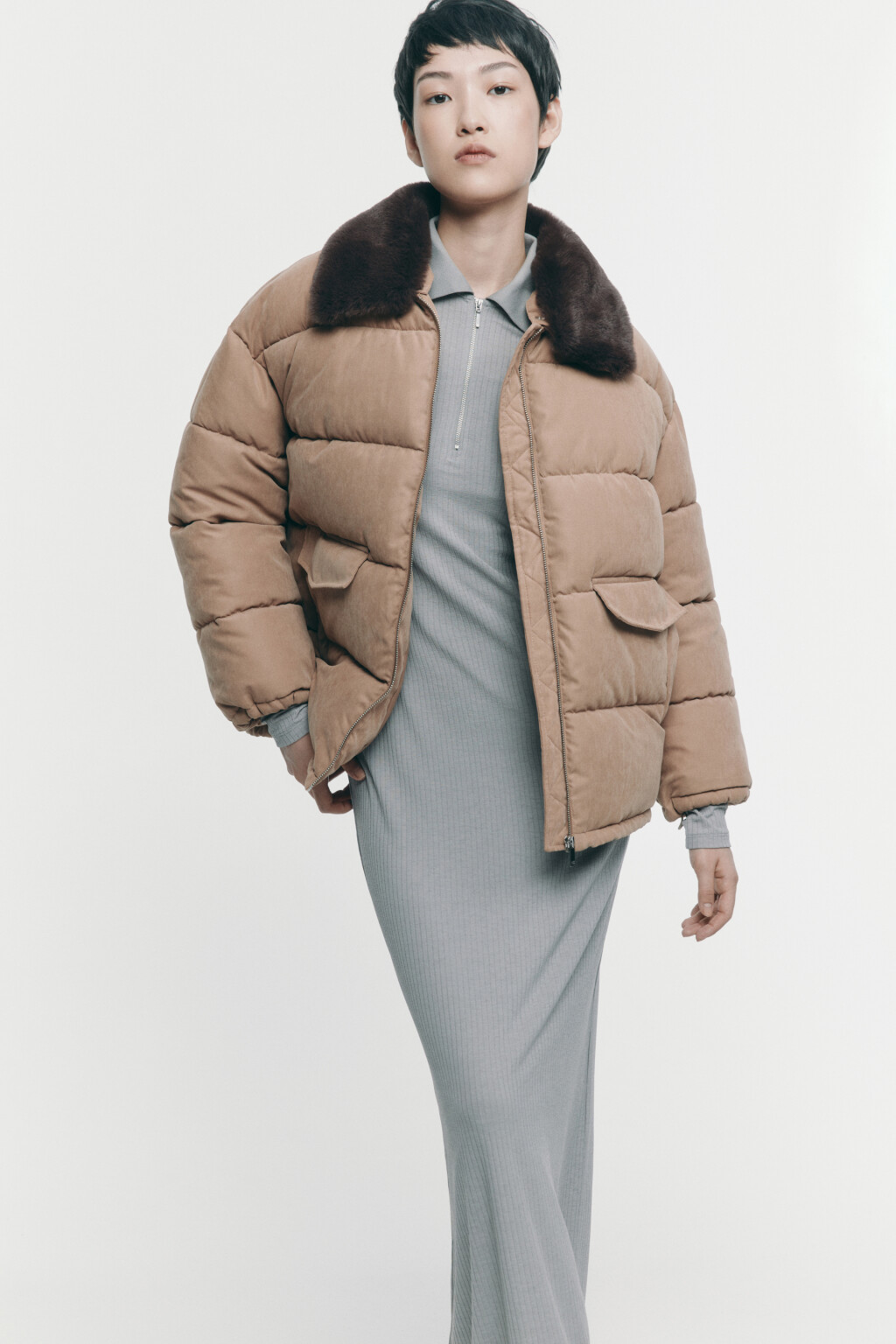 Куртка со съемным меховым воротником - цвет коричневый - 1