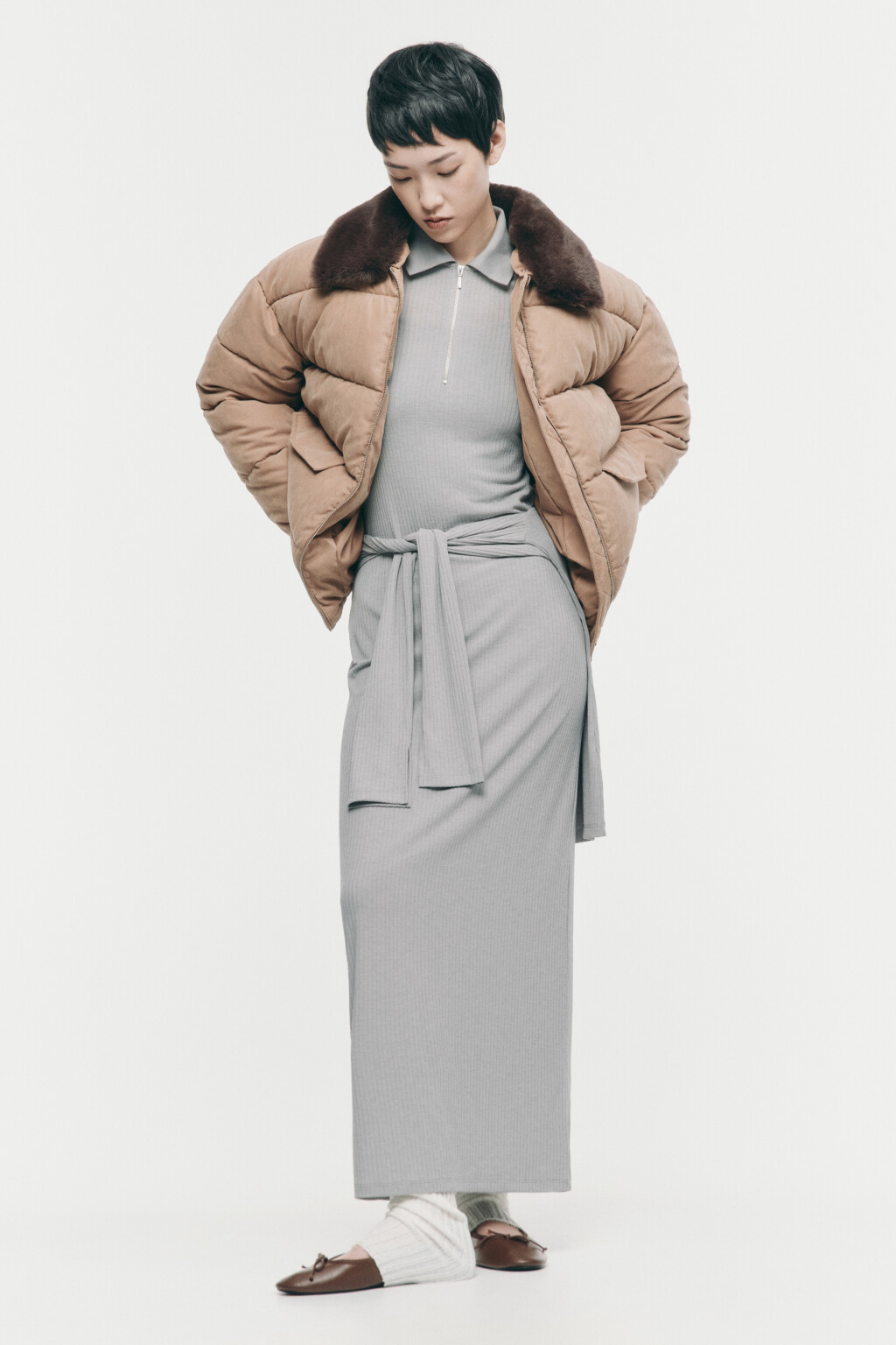 Куртка со съемным меховым воротником - цвет коричневый - 2