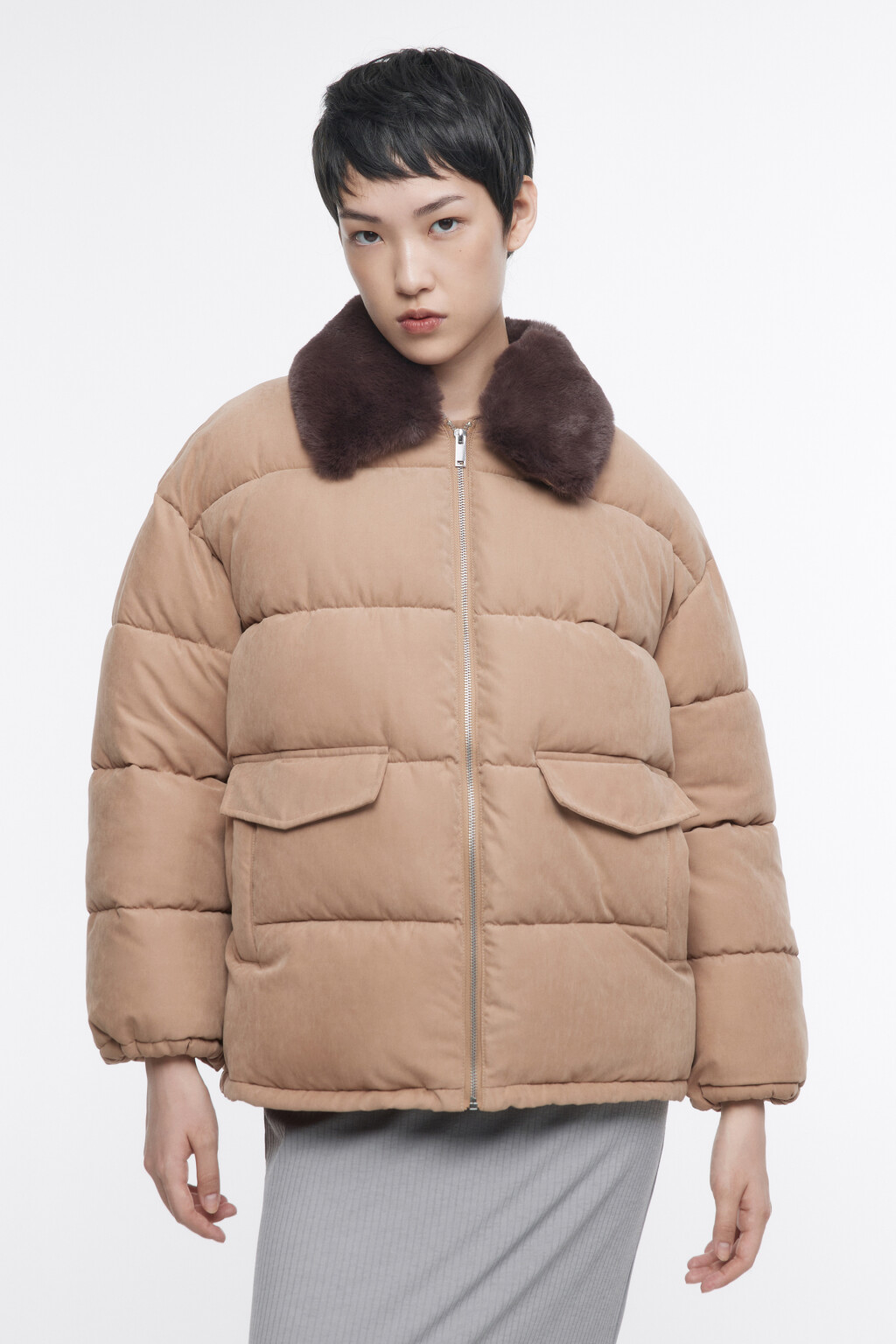 Куртка со съемным меховым воротником - цвет коричневый - 3