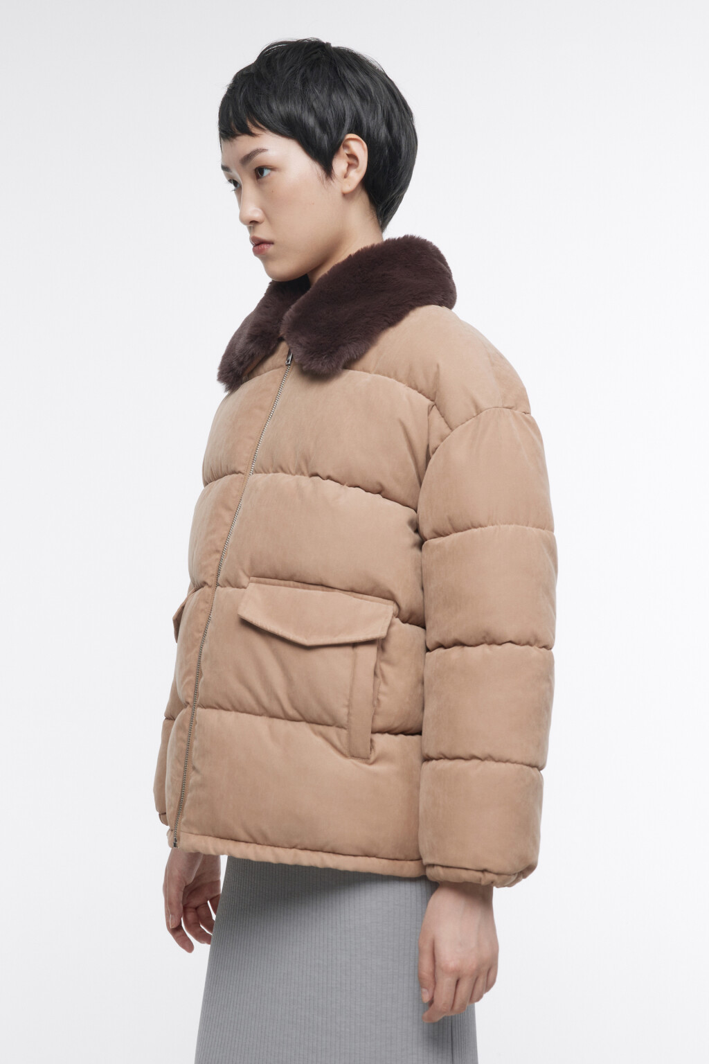 Куртка со съемным меховым воротником - цвет коричневый - 4