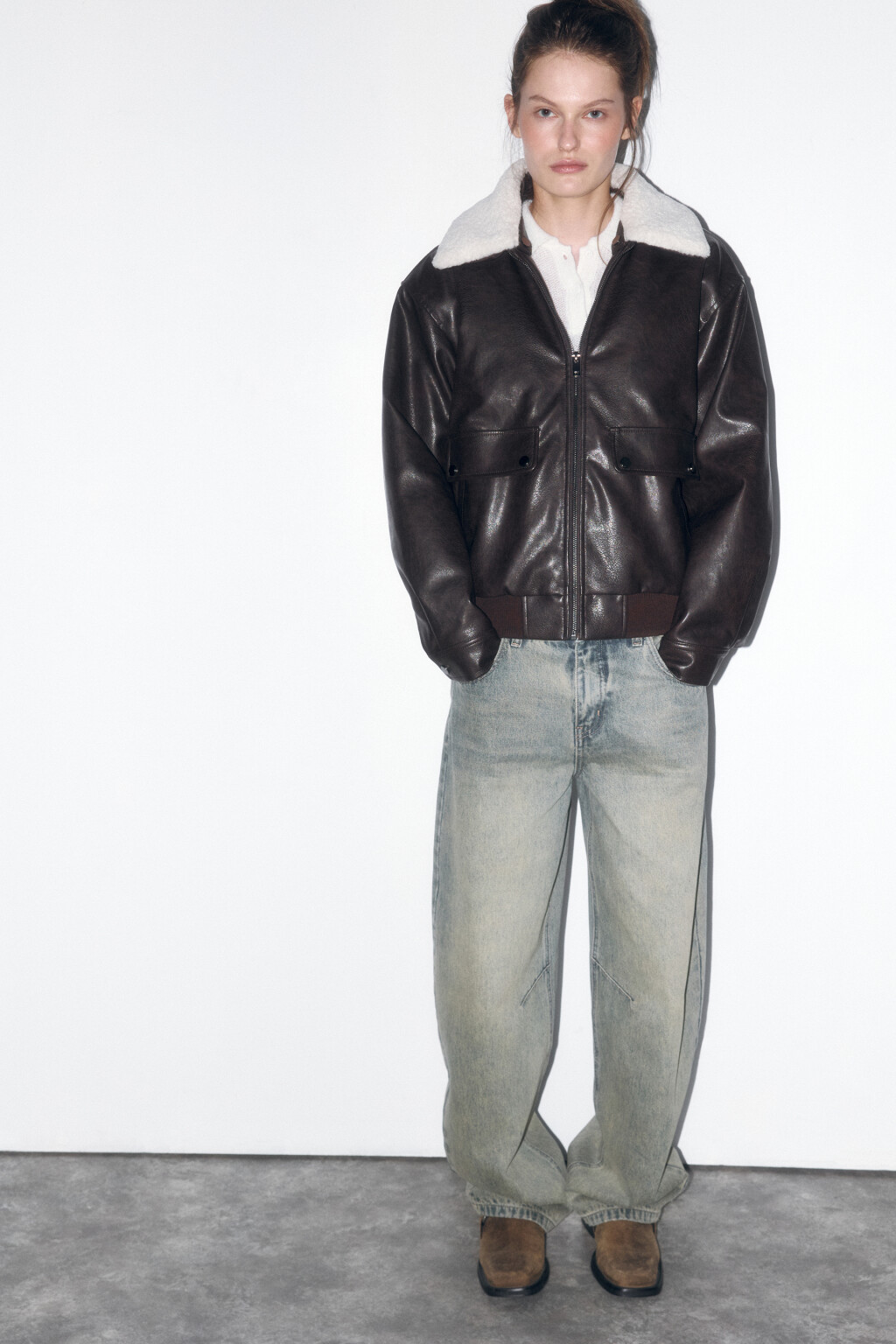 Куртка из искусственной кожи со съемной опушкой - цвет коричневый - 1