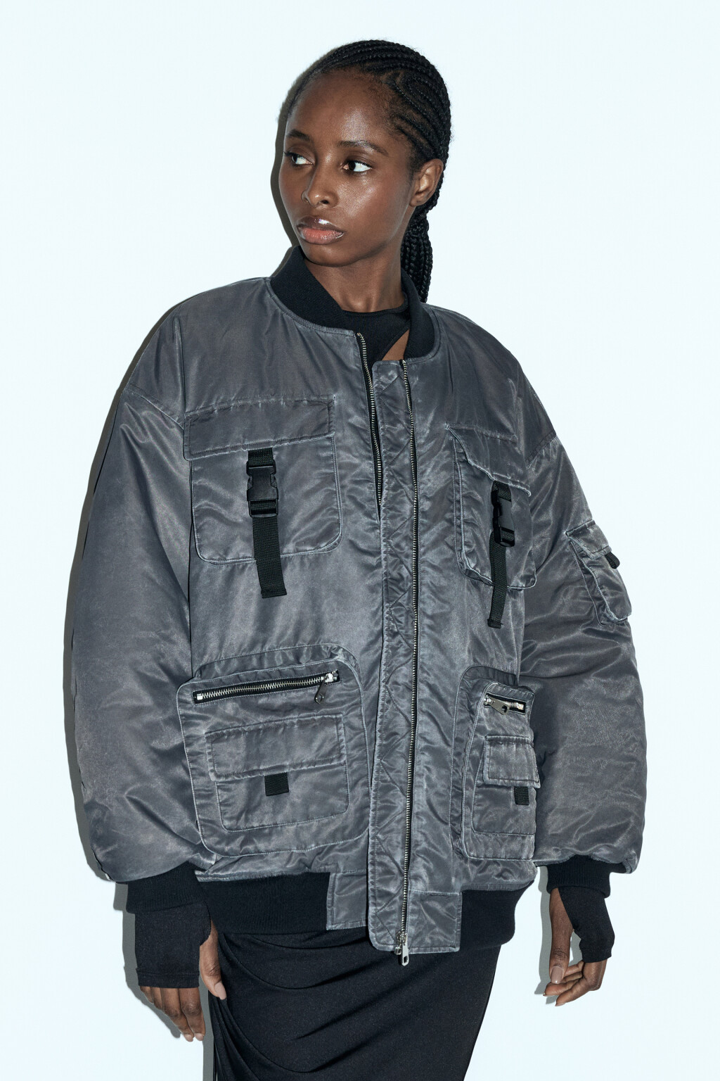 Куртка-бомбер oversize с накладными карманами - цвет серый - 3