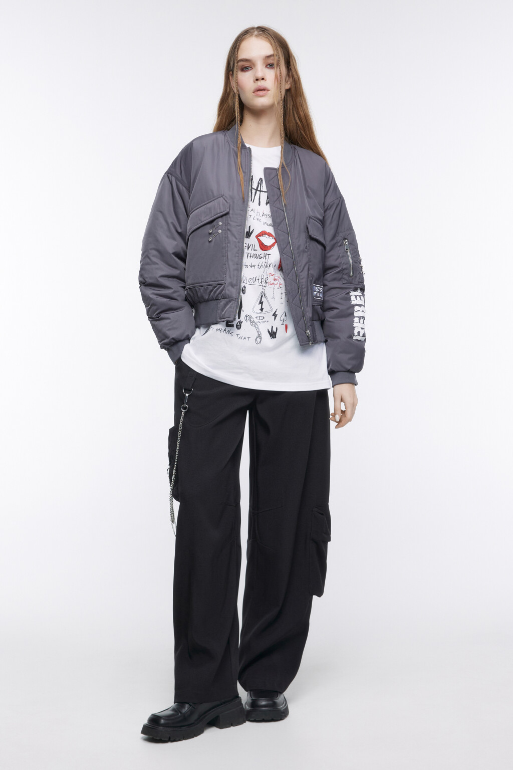 Куртка-бомбер с булавками и принтом - цвет серый - 1
