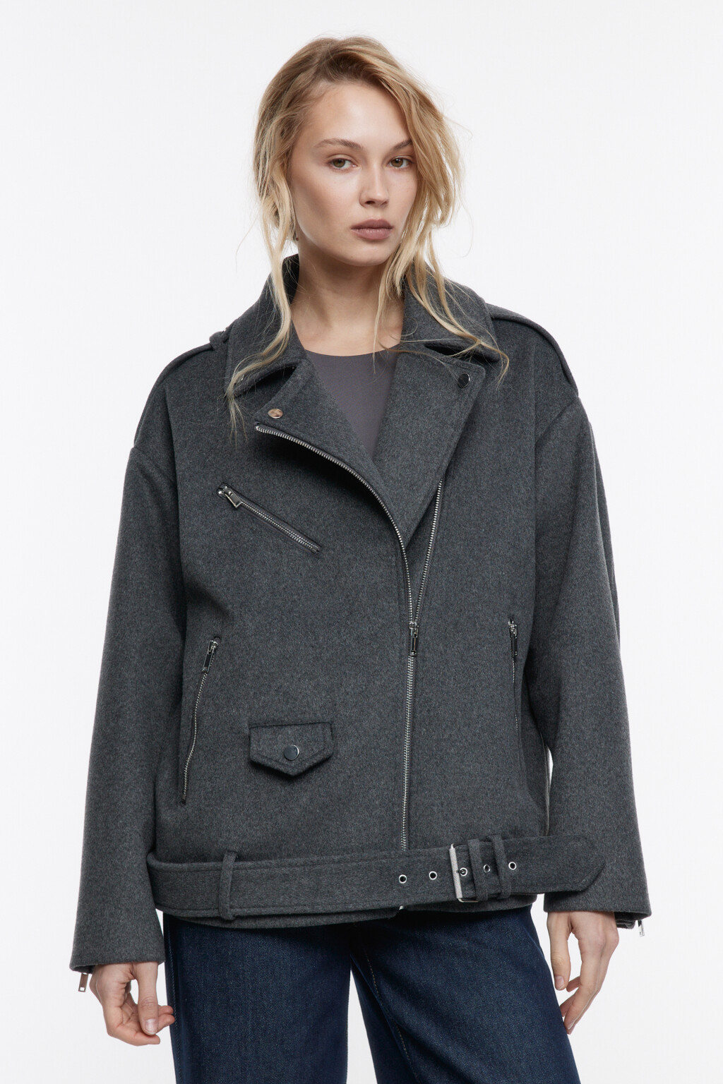 Полупальто-косуха из драповой ткани - цвет серый - 2