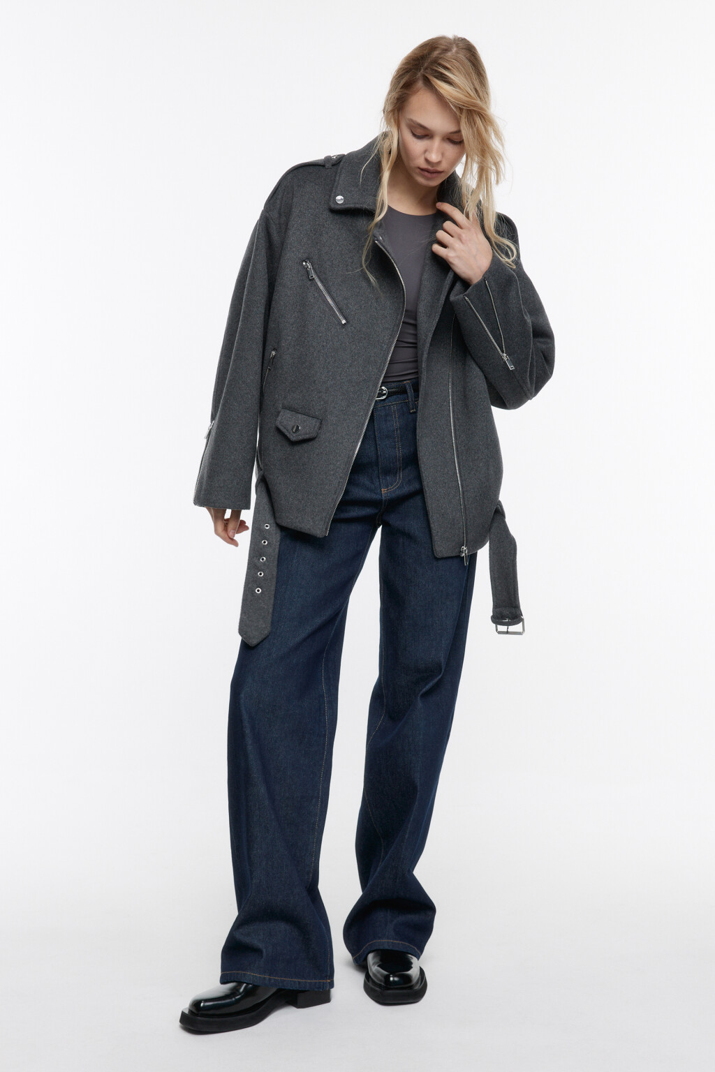 Полупальто-косуха из драповой ткани - цвет серый - 5