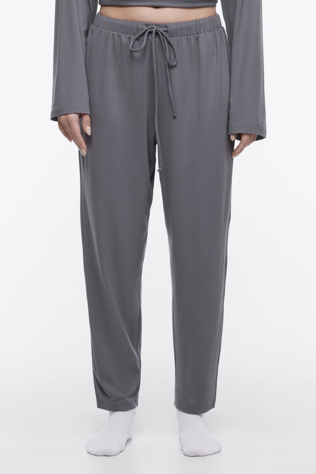 Брюки домашние трикотажные с поясом-резинкой - цвет серый - 2