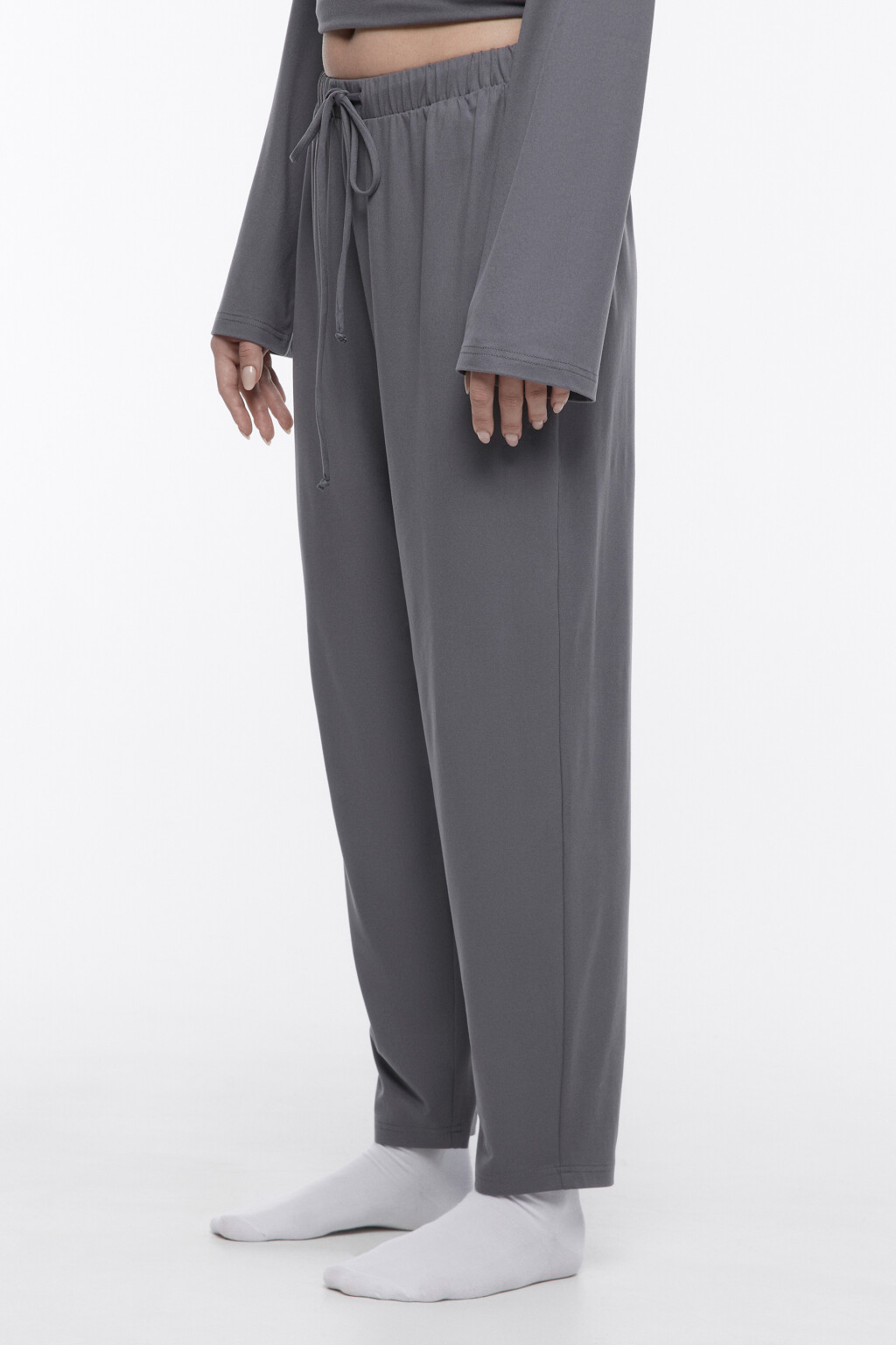 Брюки домашние трикотажные с поясом-резинкой - цвет серый - 3
