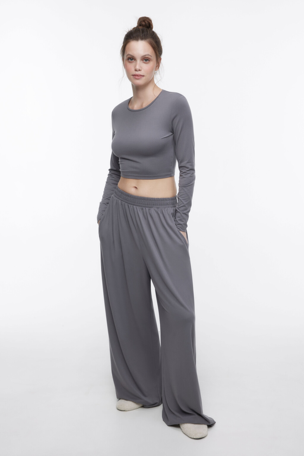 Брюки широкие домашние с поясом-резинкой - цвет серый - 1