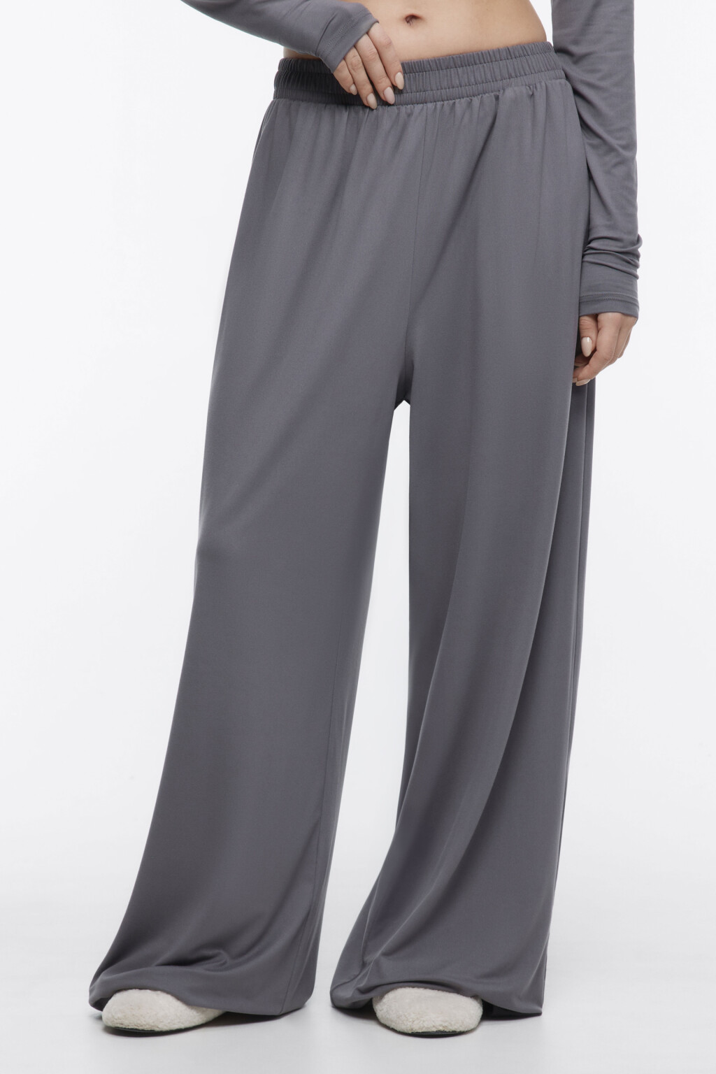 Брюки широкие домашние с поясом-резинкой - цвет серый - 2
