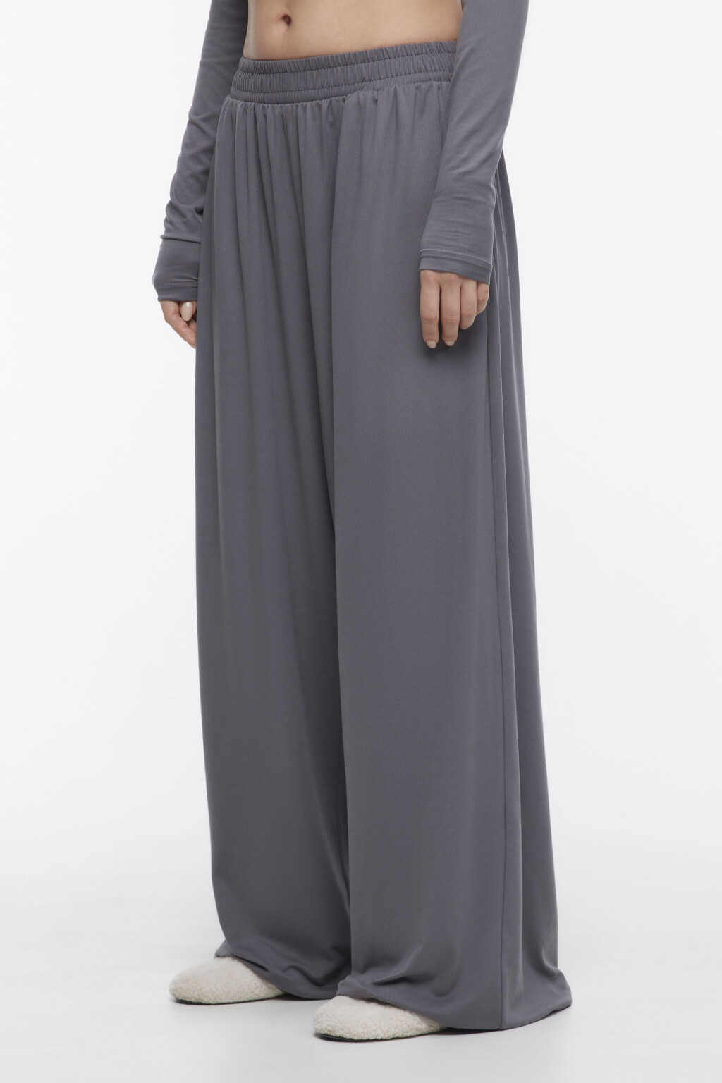 Брюки широкие домашние с поясом-резинкой - цвет серый - 3