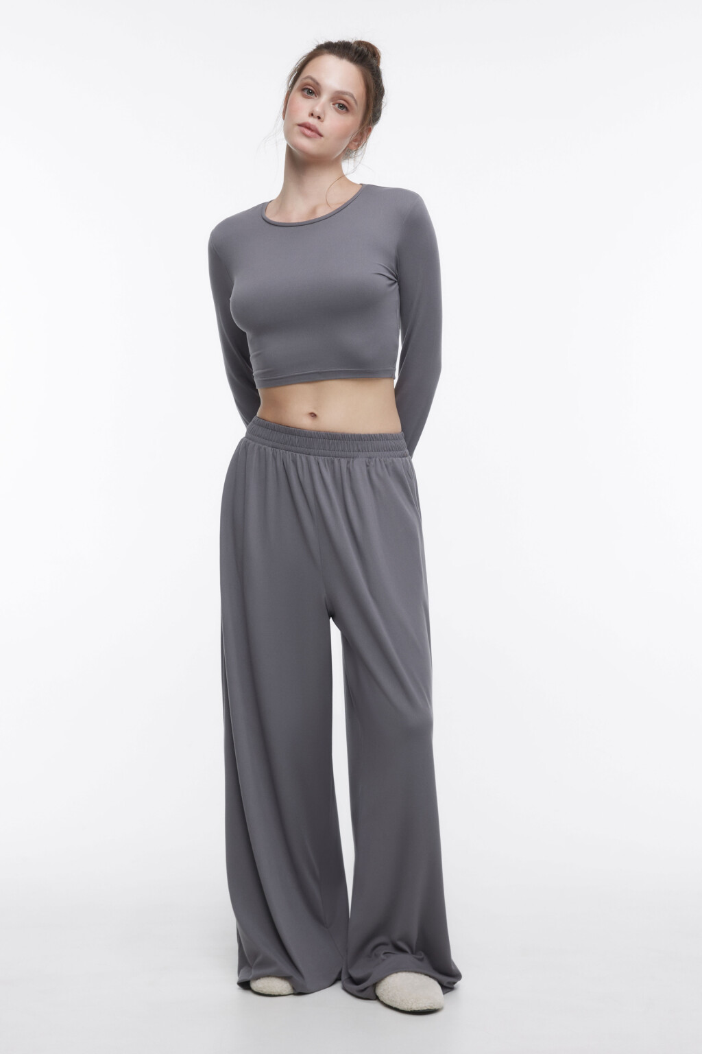 Брюки широкие домашние с поясом-резинкой - цвет серый - 5