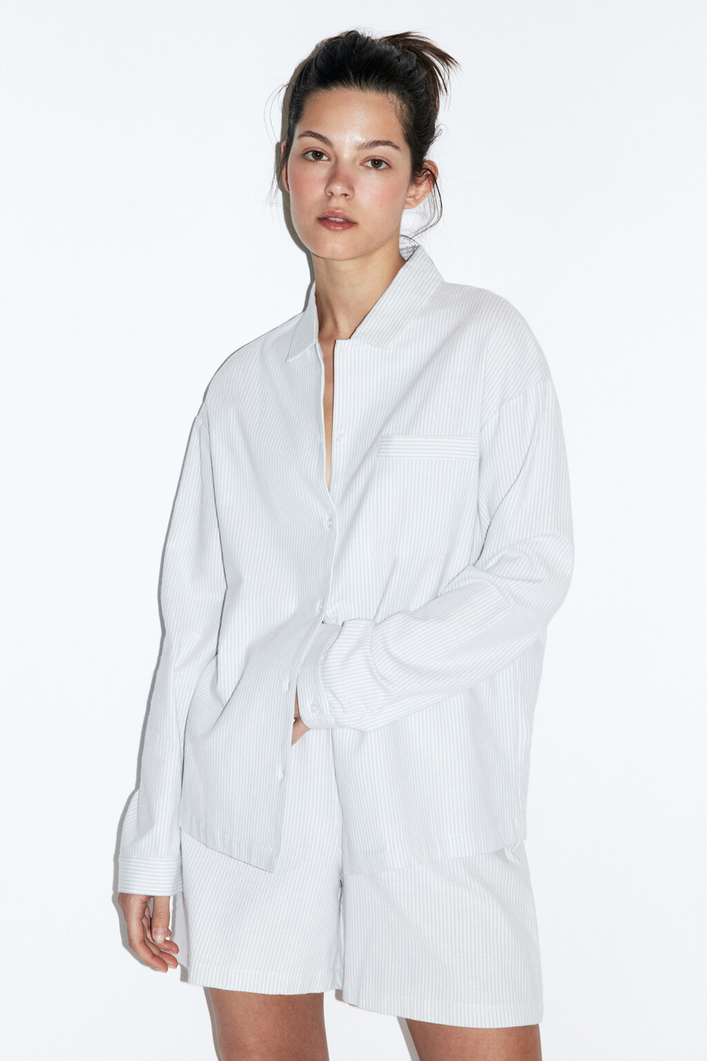 Блузка-рубашка домашняя хлопковая с принтом - цвет голубой - 2