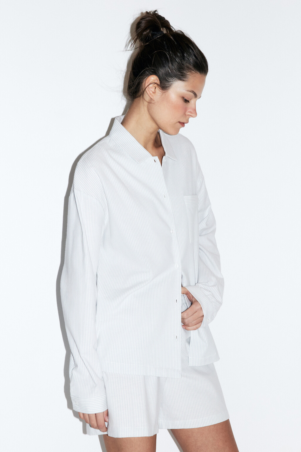 Блузка-рубашка домашняя хлопковая с принтом - цвет голубой - 3