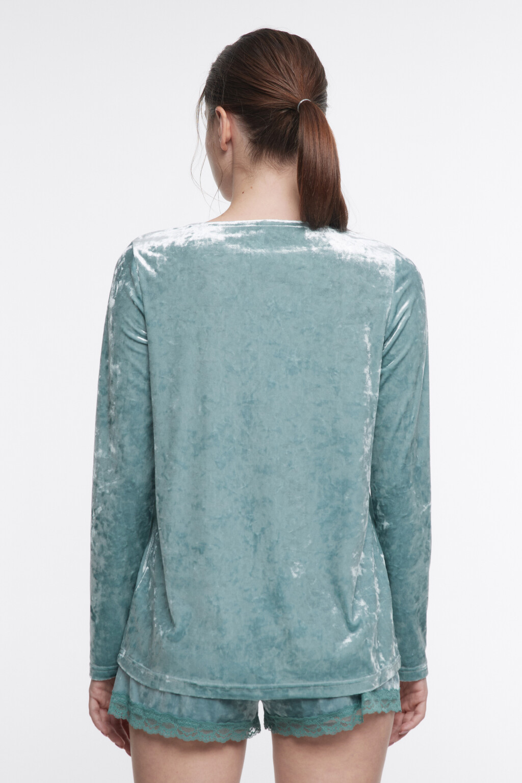 Лонгслив домашний бархатный с кружевом - цвет голубой - 3