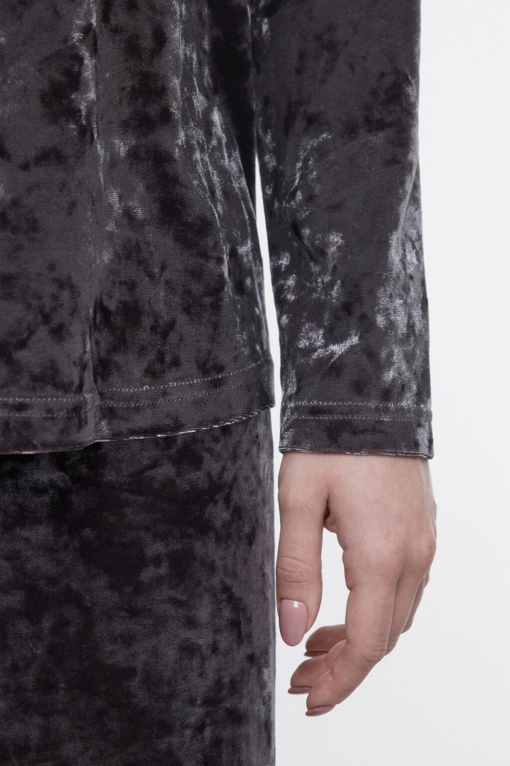 Лонгслив домашний бархатный с кружевом - цвет серый - 6