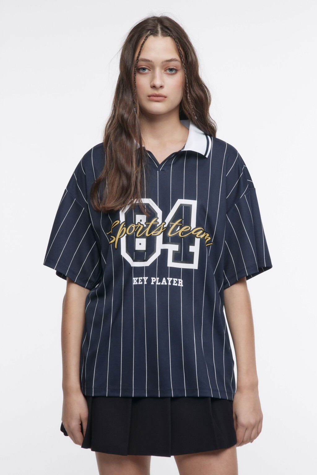 Футболка oversize с воротником-поло и принтом - цвет синий - 2