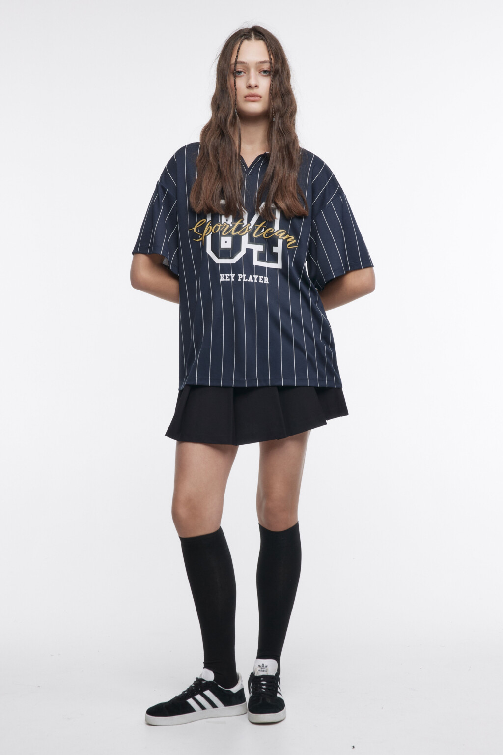 Футболка oversize с воротником-поло и принтом - цвет синий - 1