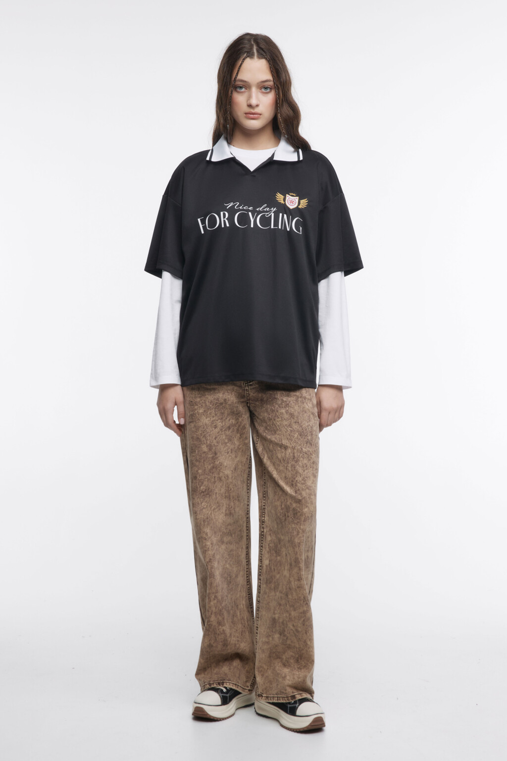 Футболка oversize с воротником-поло и принтом - цвет черный - 5