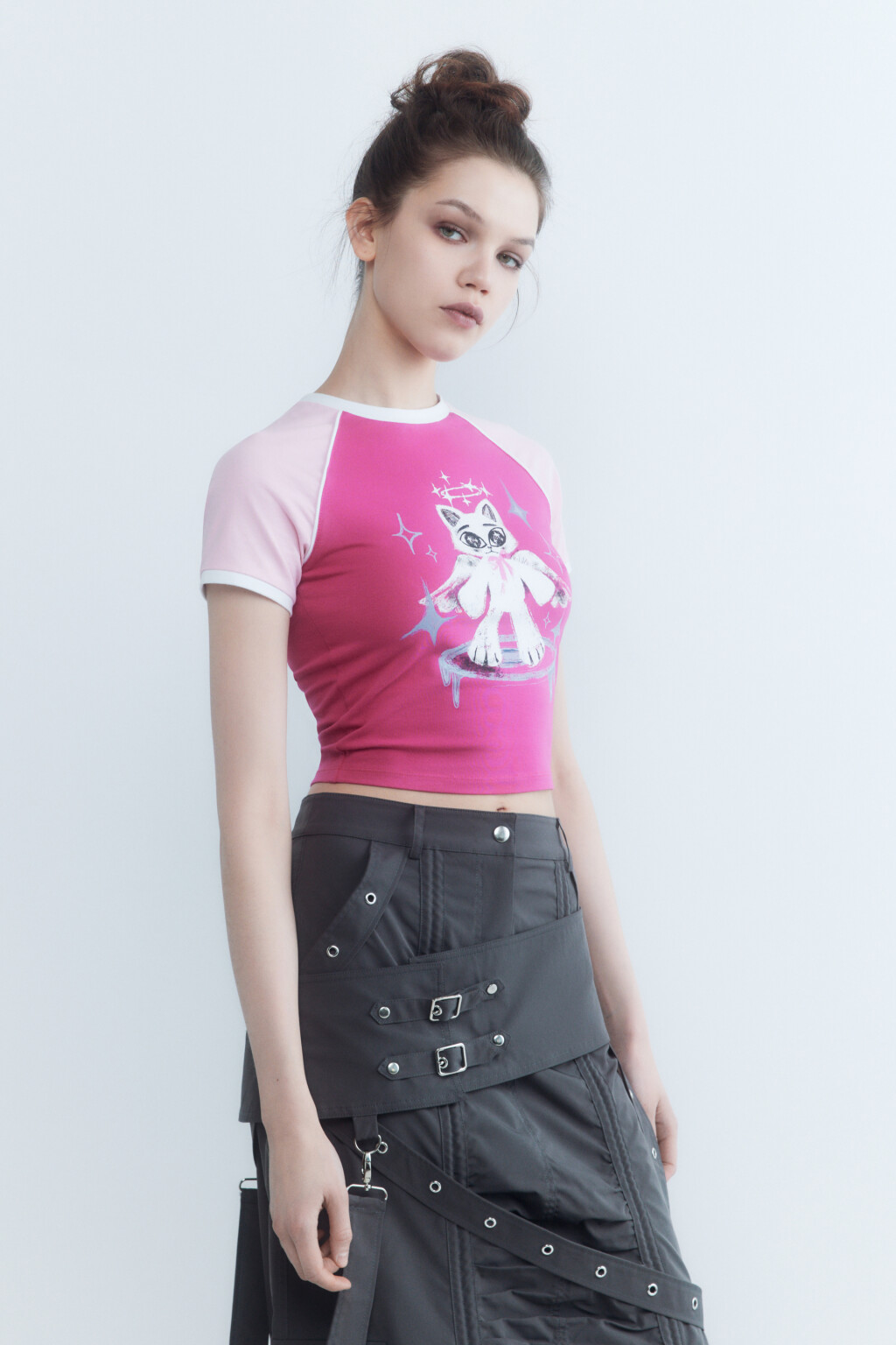 Футболка укороченная с котиком-ангелом - цвет розовый - 3