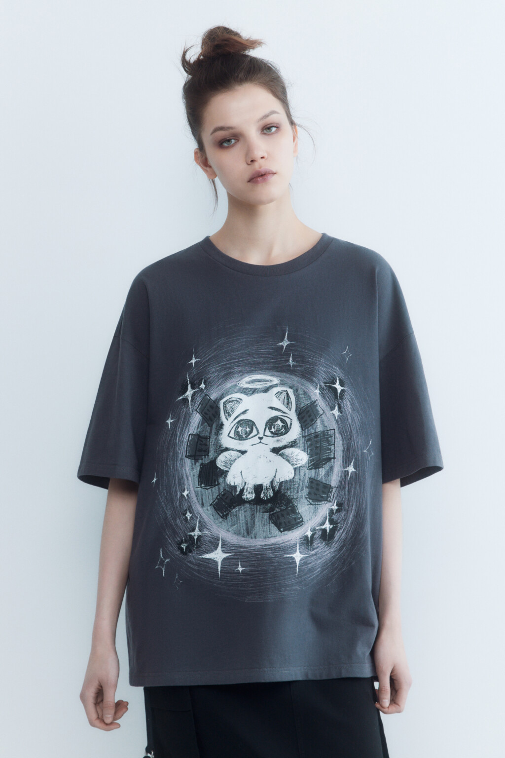 Футболка oversize с котиком-ангелом - цвет серый - 2