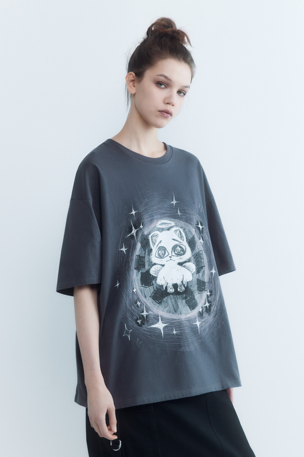 Футболка oversize с котиком-ангелом - цвет серый - 3