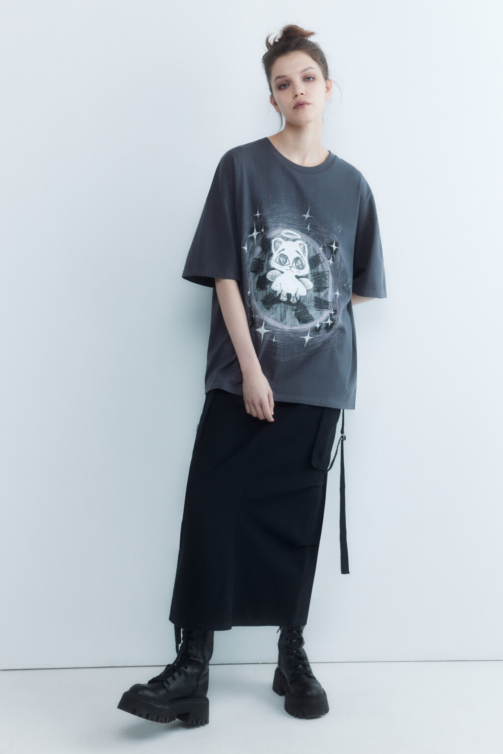 Футболка oversize с котиком-ангелом - цвет серый - 1