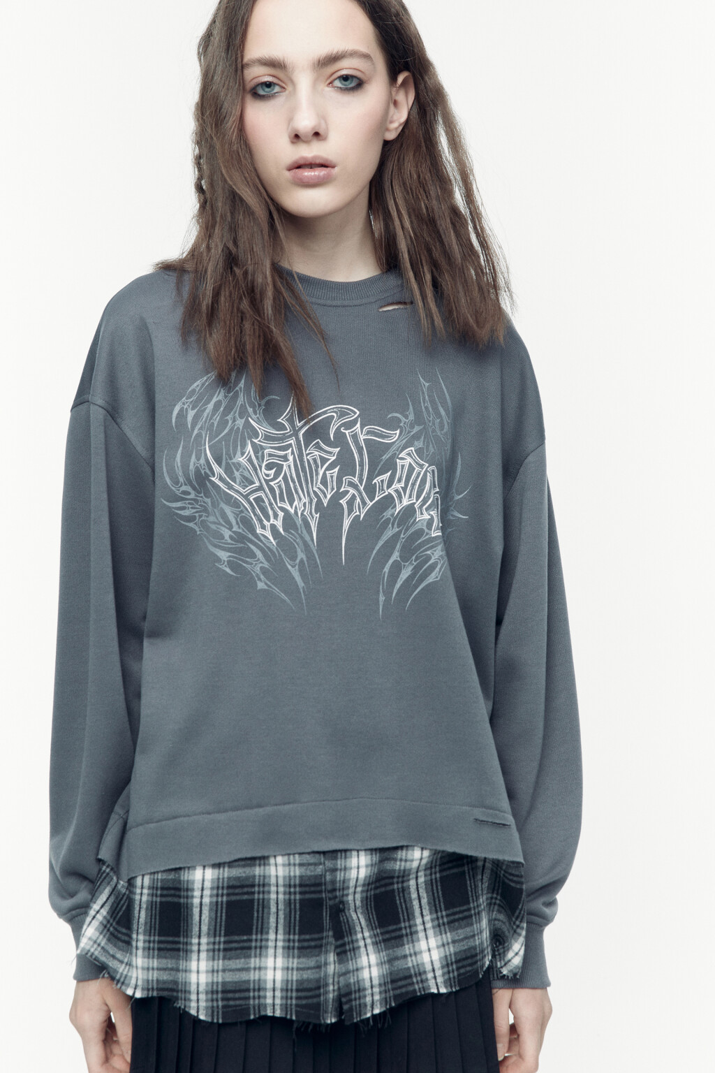 Свитшот состаренный с имитацией рубашки - цвет серый - 2