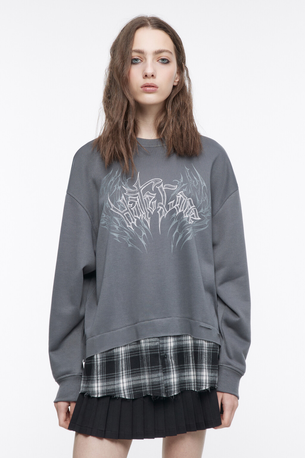 Свитшот состаренный с имитацией рубашки - цвет серый - 3