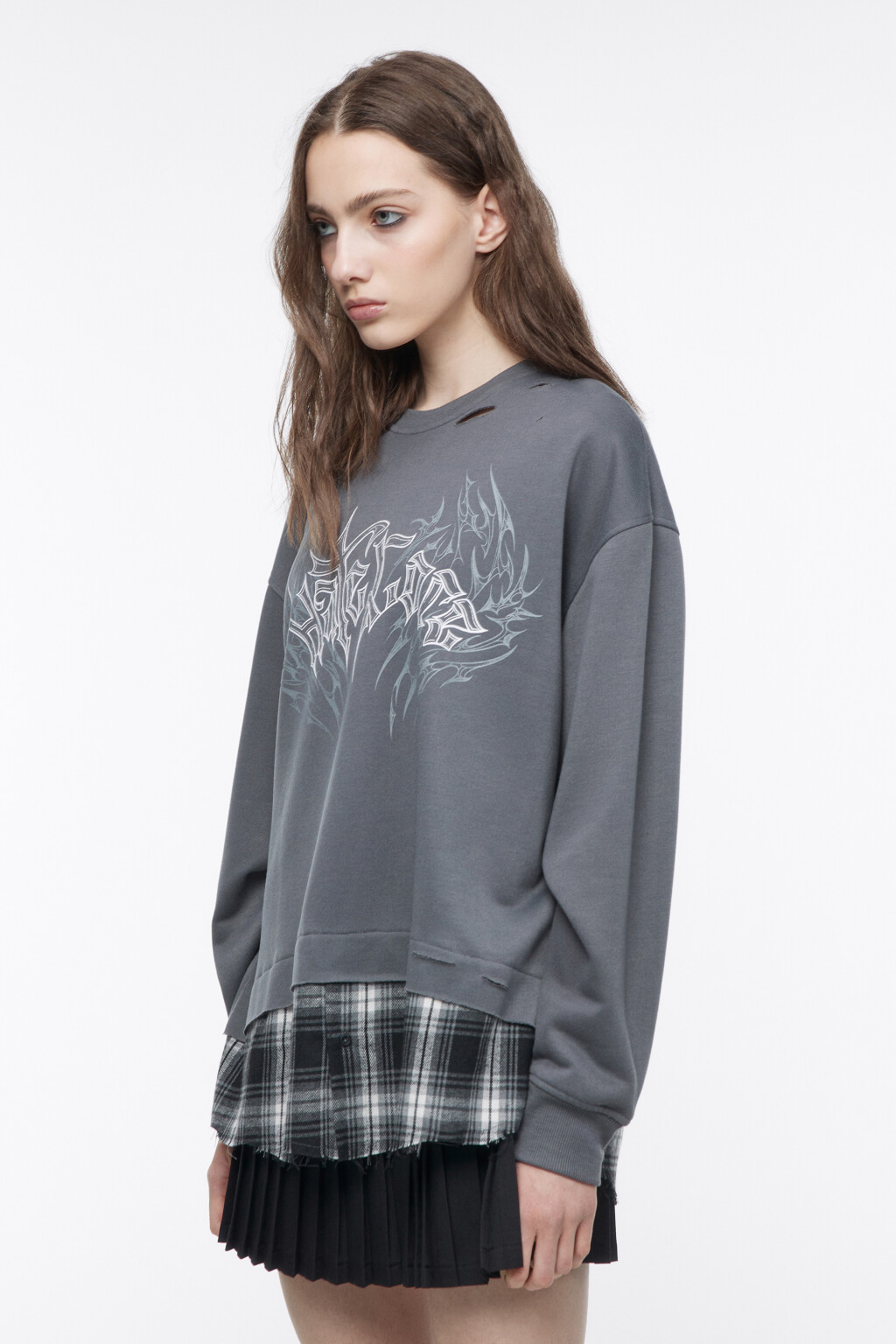 Свитшот состаренный с имитацией рубашки - цвет серый - 4