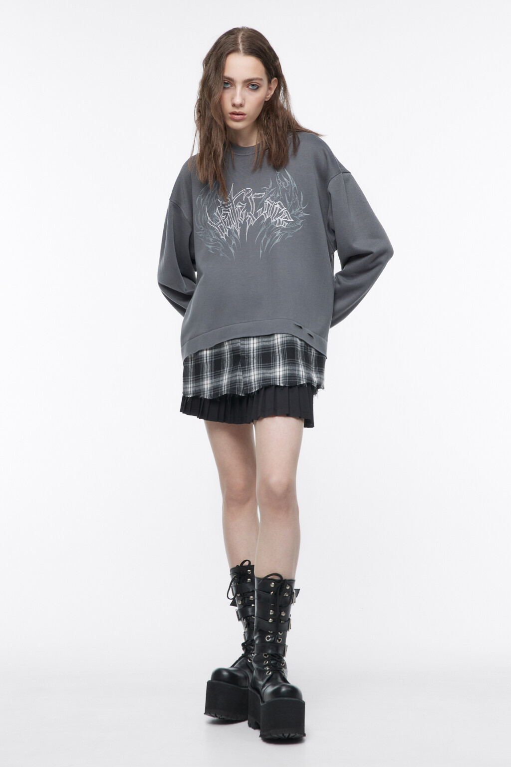 Свитшот состаренный с имитацией рубашки - цвет серый - 1