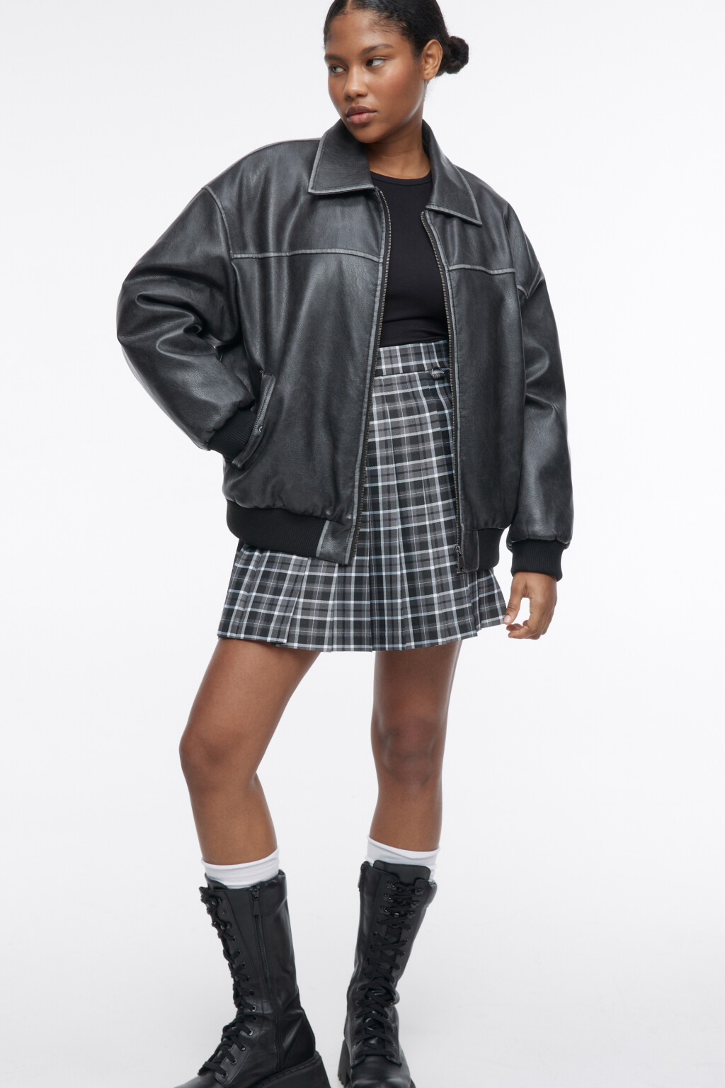 Юбка мини плиссированная в клетку - цвет черный - 1