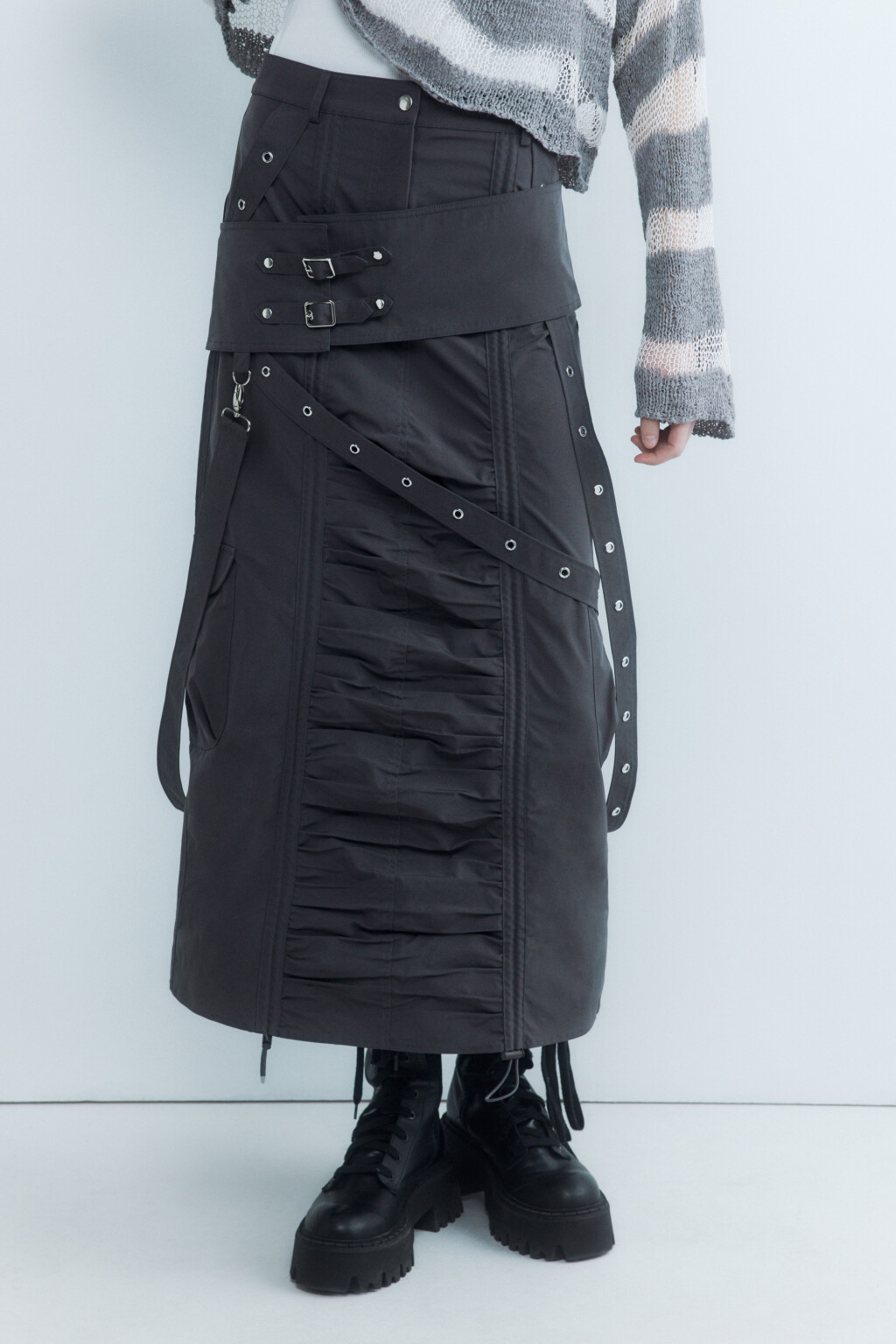 Юбка-парашют миди с ремешками и драпировками - цвет серый - 1