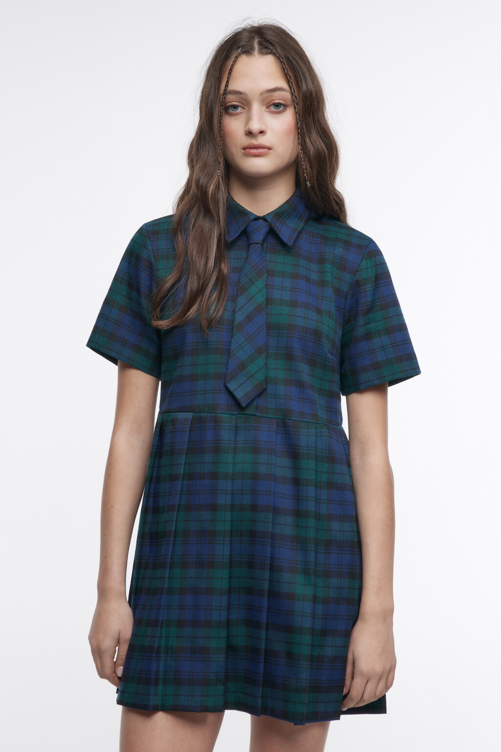 Платье-рубашка в клетку с галстуком - цвет синий - 2