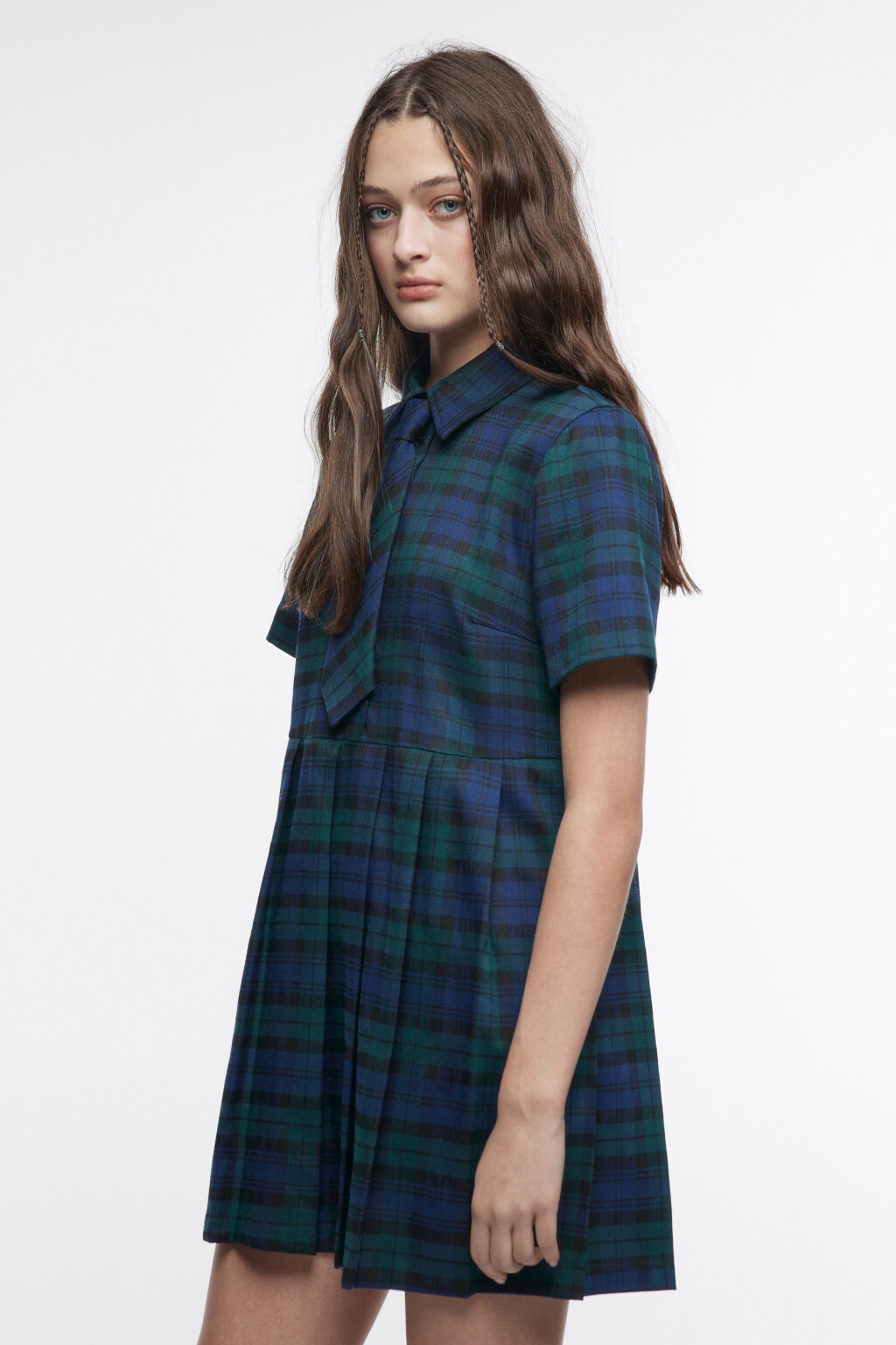 Платье-рубашка в клетку с галстуком - цвет синий - 3